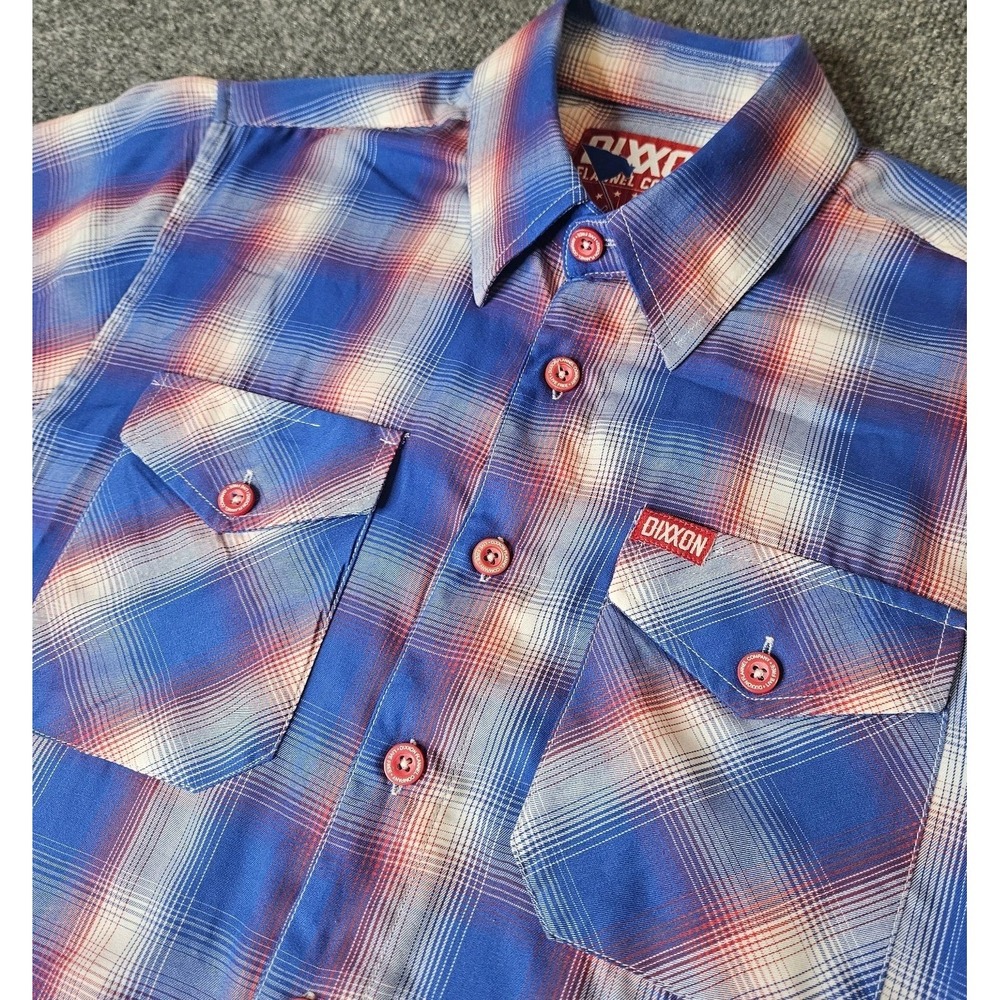 Dixxon Mens Glory Shortsleeve Button Up Shirt Size XS  Plaid Bamboo Patriotic